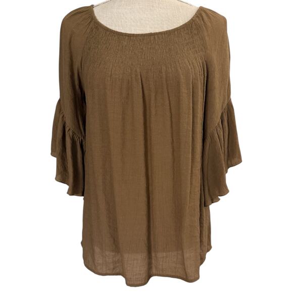 Cato Tops - Cato, Small (fits Medium) Brown/Tan Peasant Top, Elbow Ruffle Flutter Sleeve